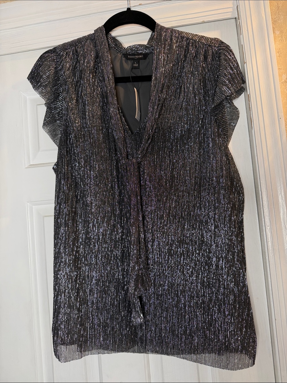Banana Republic Shimmer Pleated Flutter-Sleeve Blouse - Black/Silver